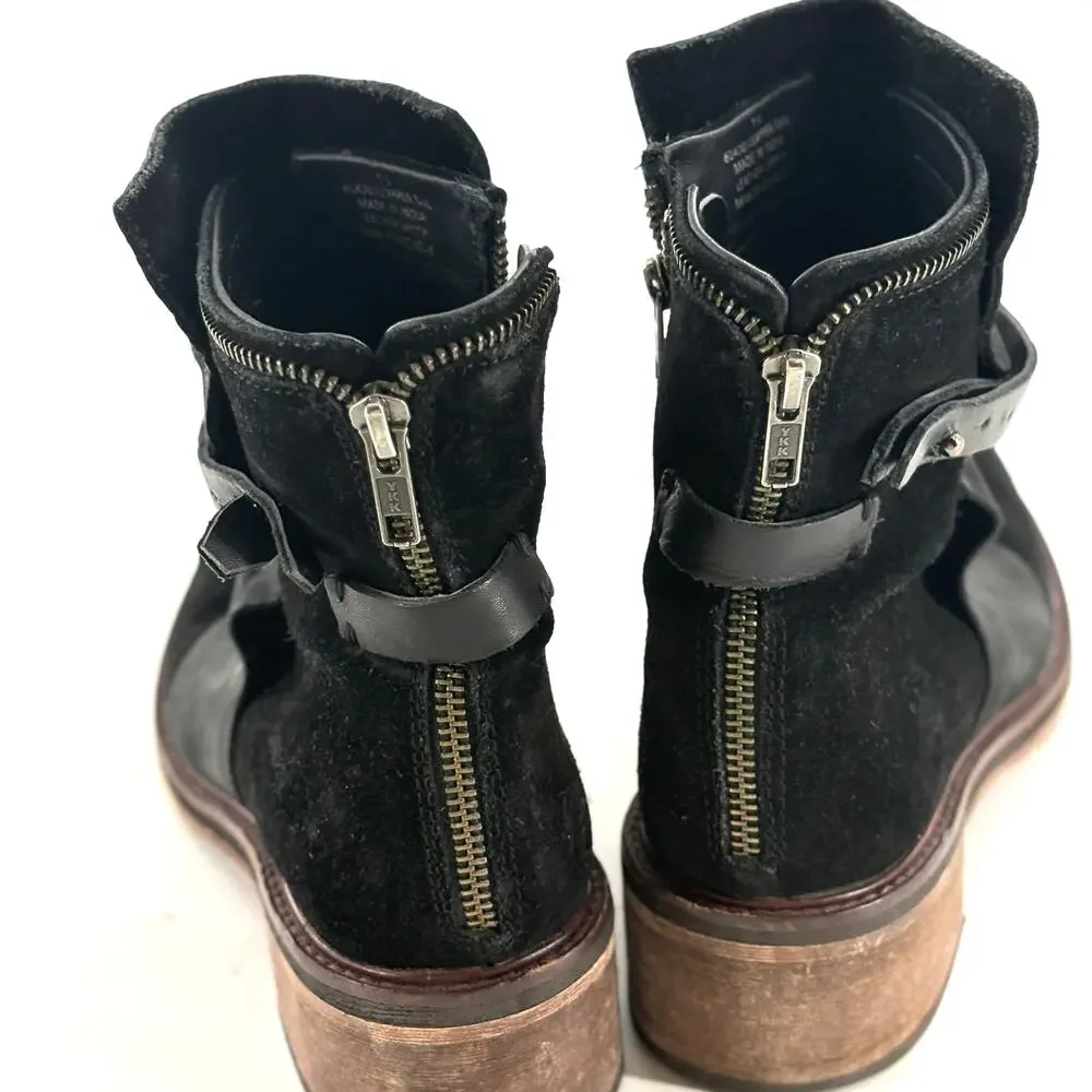 Diba True Copper Tail Suede Boots 7.5 Black Ankle Booties Leather Heel Grunge